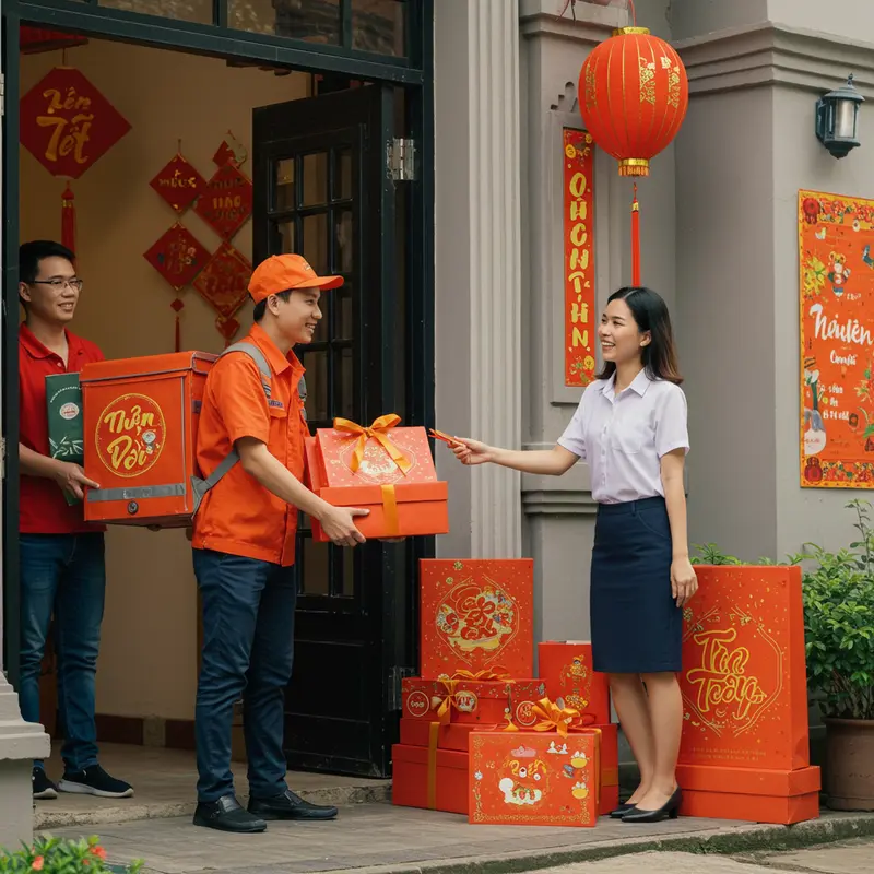 Nhà thiết kế sáng tạo mẫu hộp quà Tết với màu sắc và biểu tượng truyền thống.