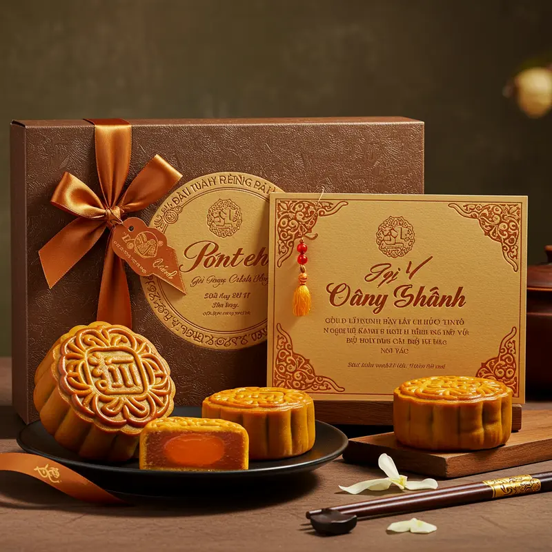 Hộp bánh Trung Thu cao cấp và thiệp chúc mừng tinh tế trên bàn gỗ sang trọng.