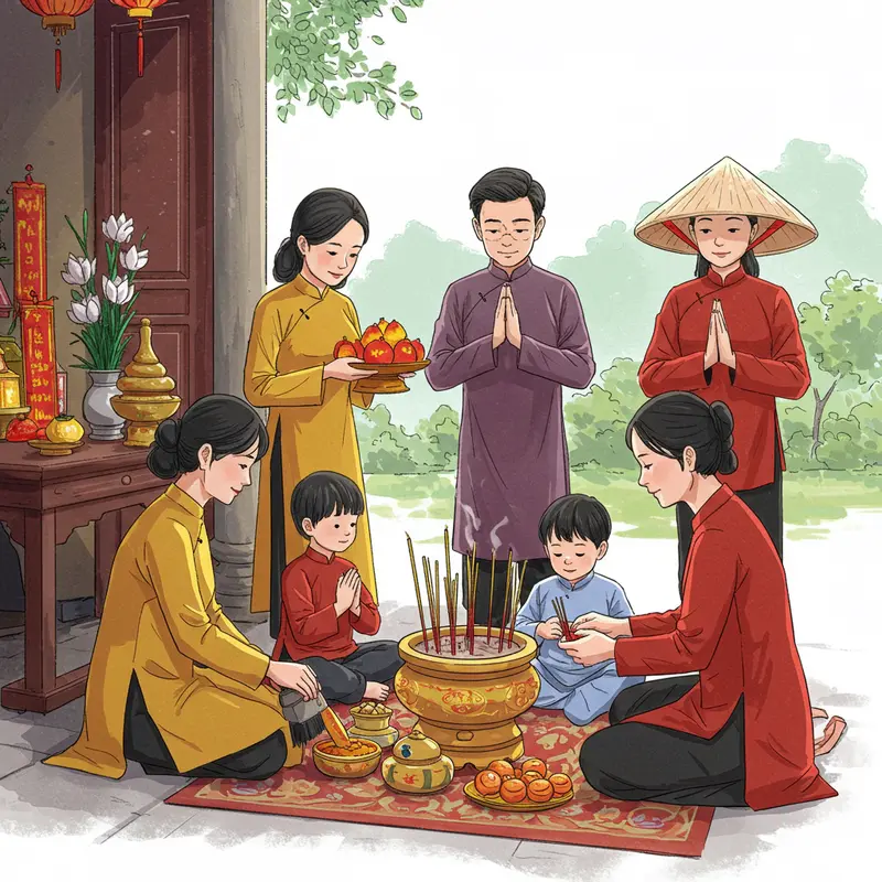 Gia đình Việt quây quần thực hiện Lễ cúng Giao Thừa trong không khí ấm cúng.