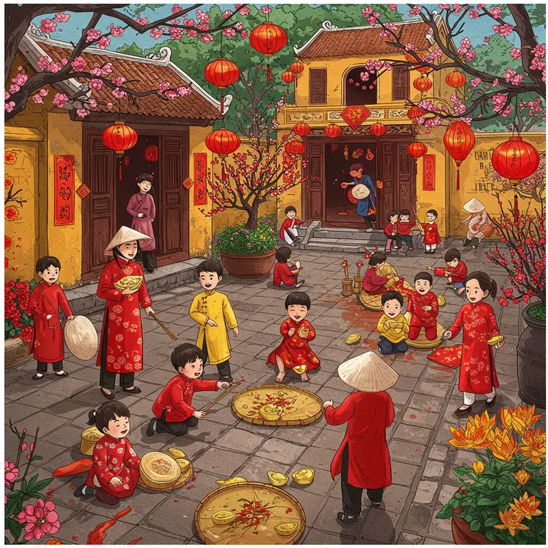 Sân nhà Việt Nam vào dịp Tết, nhiều thế hệ cùng chơi trò dân gian, trang trí hoa đào và đèn lồng.