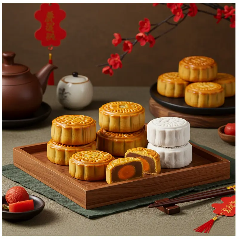 Bánh nướng và bánh dẻo Trung Thu bày trên khay gỗ sang trọng, ánh sáng dịu.