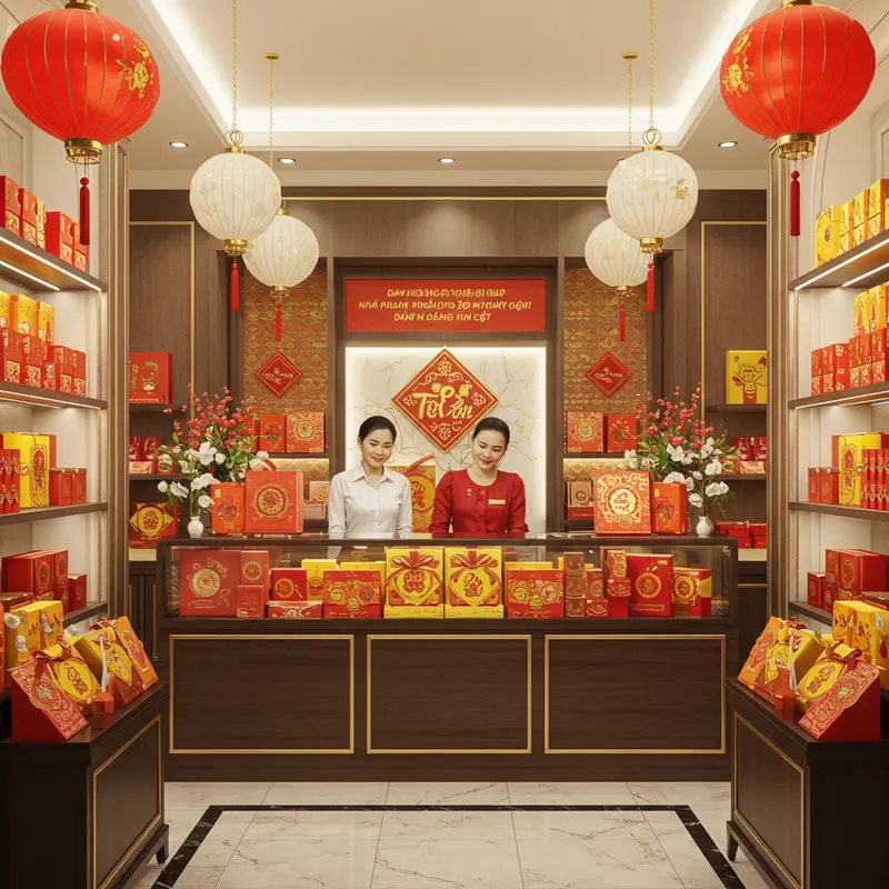 Bố cục hộp quà Tết cao cấp đặt trên bàn sang trọng với trang trí lễ hội tinh tế.