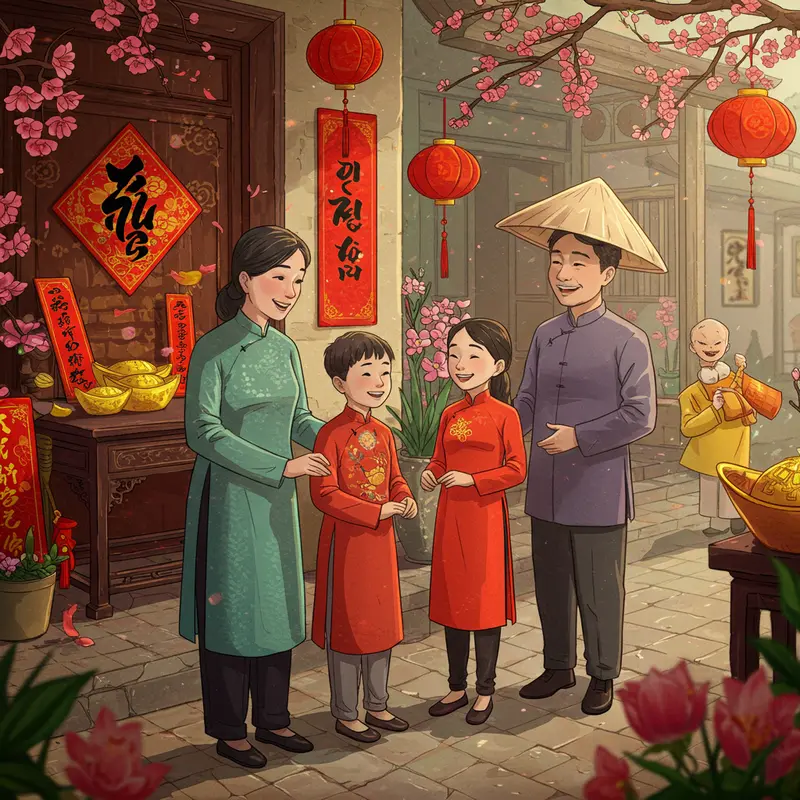 Gia chủ đón vị khách đầu tiên xông đất dịp Tết trong không khí ấm áp, rộn ràng.