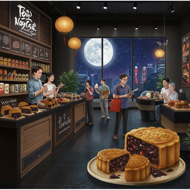 Gia đình quây quần bên những chiếc bánh trung thu truyền thống trong không gian rực rỡ ánh đèn lồng.