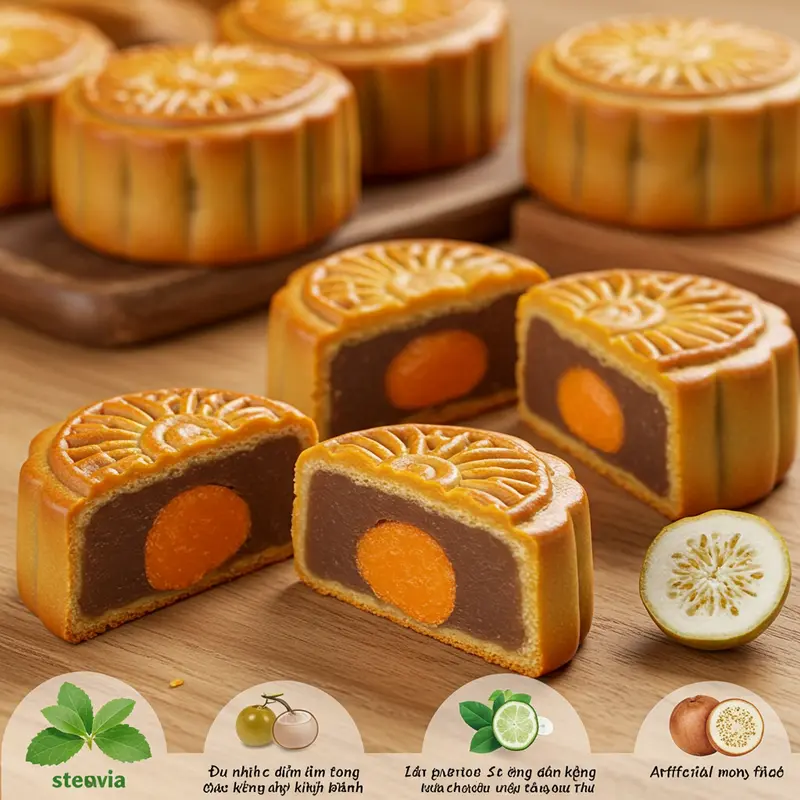 Hình ảnh các loại đường ăn kiêng và bánh Trung Thu trên bàn bếp.