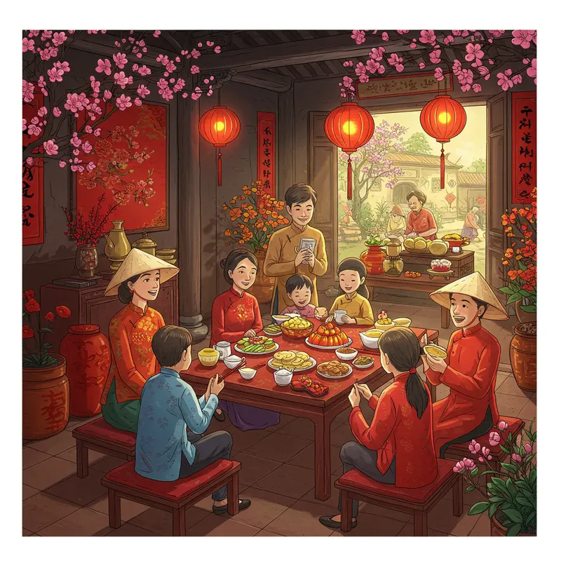 Ảnh đại gia đình Việt tụ họp ngày Tết bên bàn ăn truyền thống, không gian sáng rực hoa đào và đèn lồng đỏ.