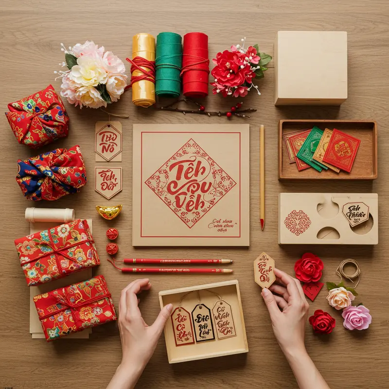 Hộp quà Tết handmade với những sản phẩm thủ công rực rỡ, đậm chất truyền thống.