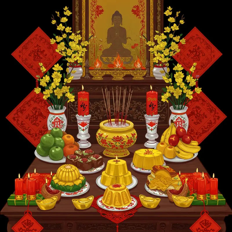 Không gian bàn thờ gia tiên ấm cúng, trang nghiêm trong ngày Tết.