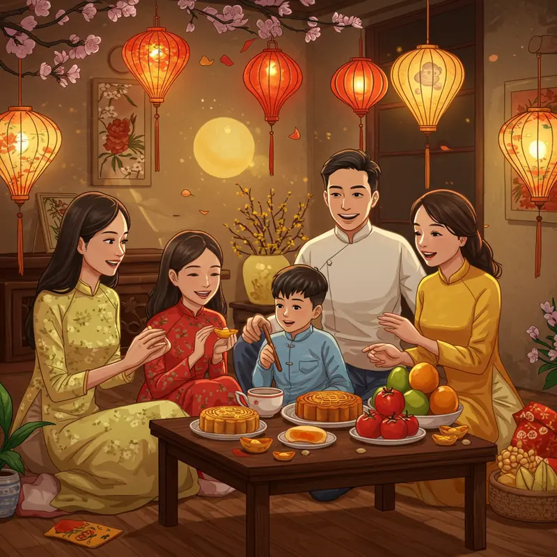 Gia đình Việt sum vầy bên bàn Trung thu, đèn lồng, bánh, trái cây và không khí gia đình ấm áp.