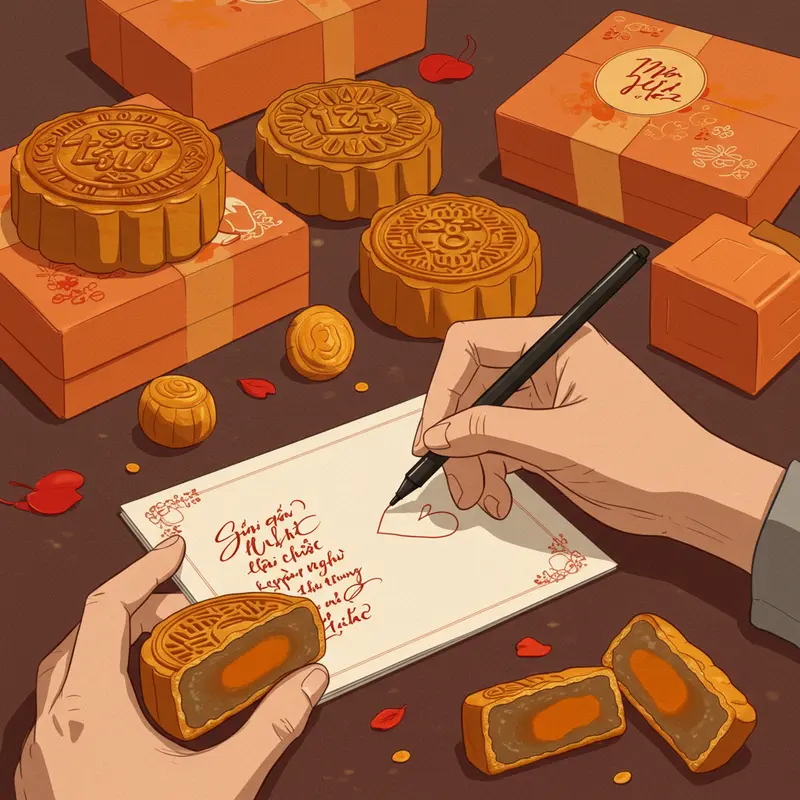 Hộp bánh Trung Thu cao cấp và thiệp chúc mừng tinh tế trên bàn gỗ sang trọng.