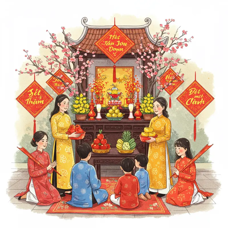 Gia đình sum vầy, dâng lễ tại bàn thờ tổ tiên trong ngày Tết.