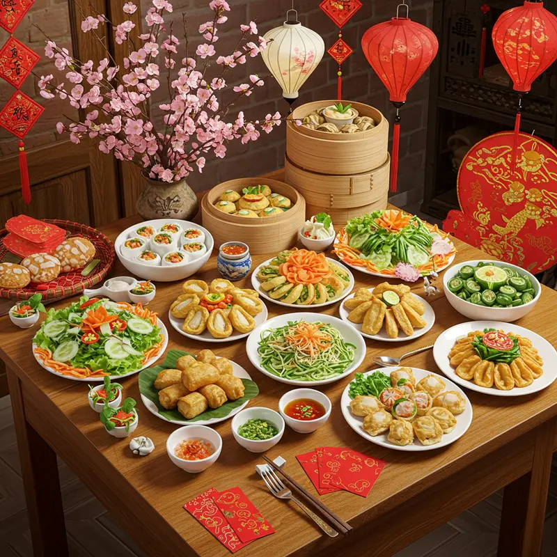 Bàn tiệc bày nhiều món chay đặc sắc, trang trí hoa mai và vật phẩm Tết truyền thống.