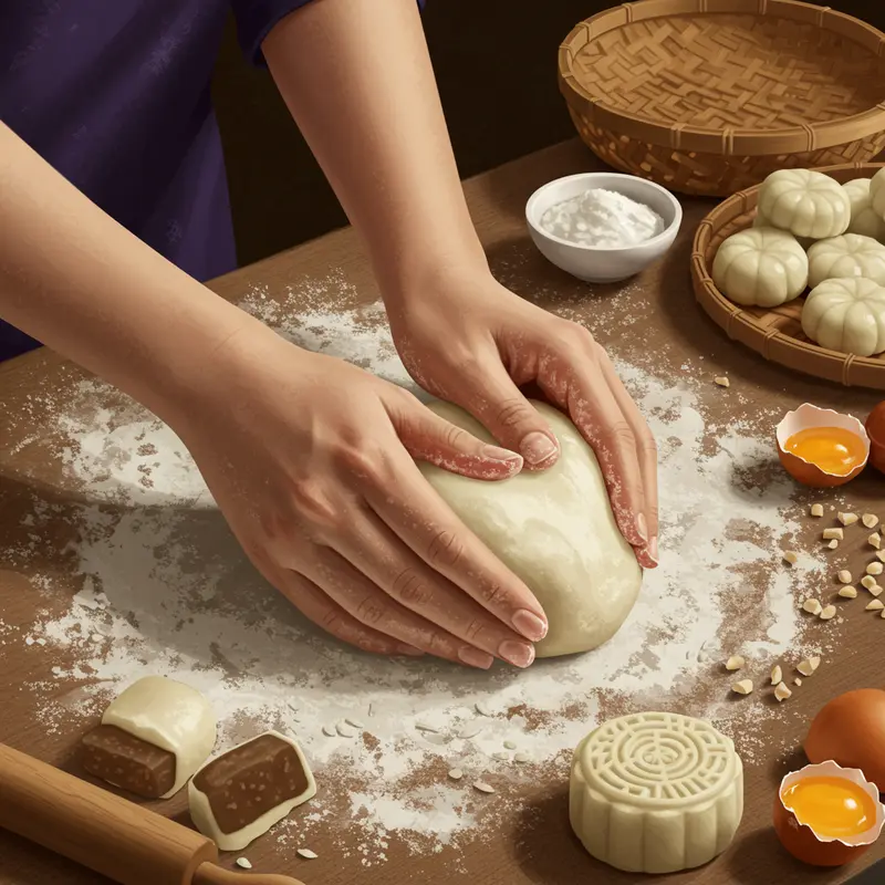 Trên bàn bếp là đầy đủ nguyên liệu và dụng cụ làm bánh dẻo mini nhỏ gọn.