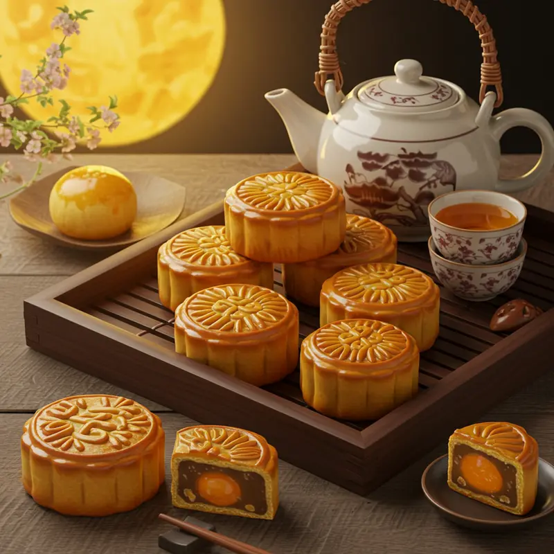 Bánh Trung Thu nướng truyền thống với lớp vỏ vàng nâu bóng mịn.