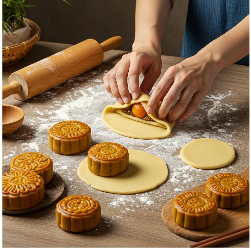 Hình ảnh mô tả lớp vỏ bánh Trung Thu bị nứt và các nguyên liệu đi kèm