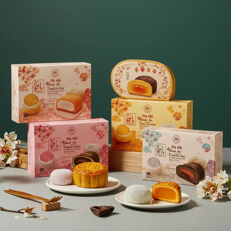 Bánh Trung Thu truyền thống và Mochi Nhật Bản đặt cạnh nhau trên khay tre.