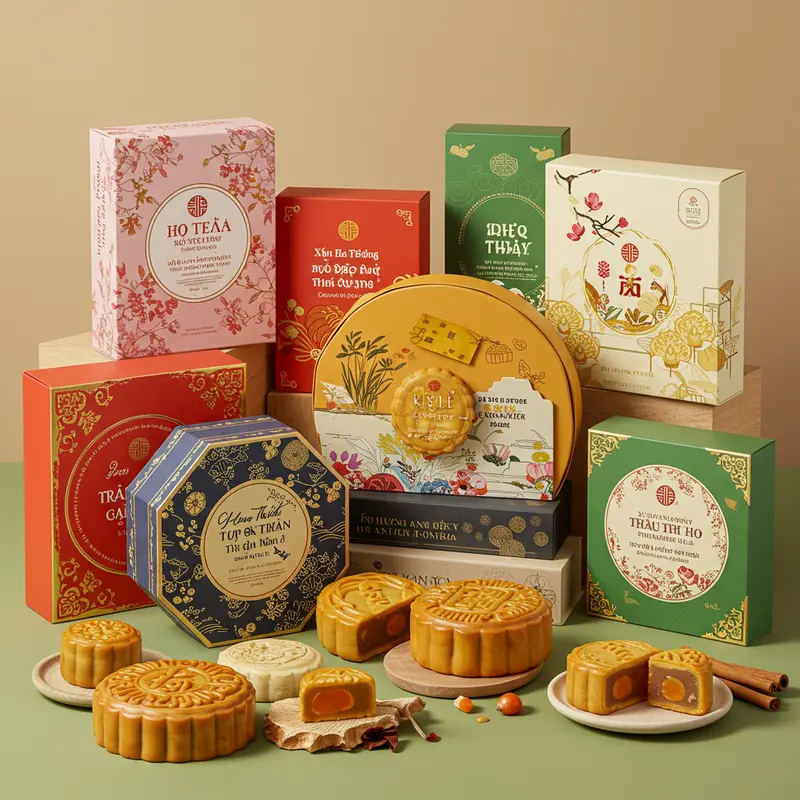 Hộp bánh trung thu sang trọng nổi bật trên bàn họp doanh nghiệp.