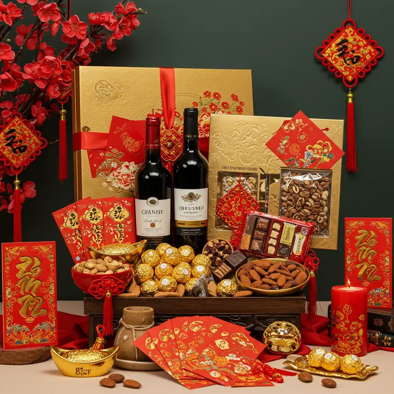 Bộ quà Tết nhập khẩu sang trọng với rượu vang, chocolate, hạt cao cấp.