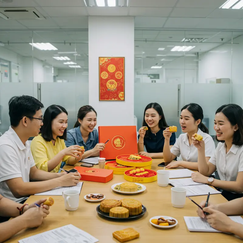 Tập thể nhân viên quây quần thưởng thức hộp bánh Trung Thu trong không khí thân thiện.