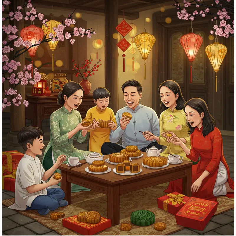 Hình ảnh bánh trung thu truyền thống và bánh mini đặt cạnh nhau, làm nổi bật sự khác biệt về kích thước và hoa văn.