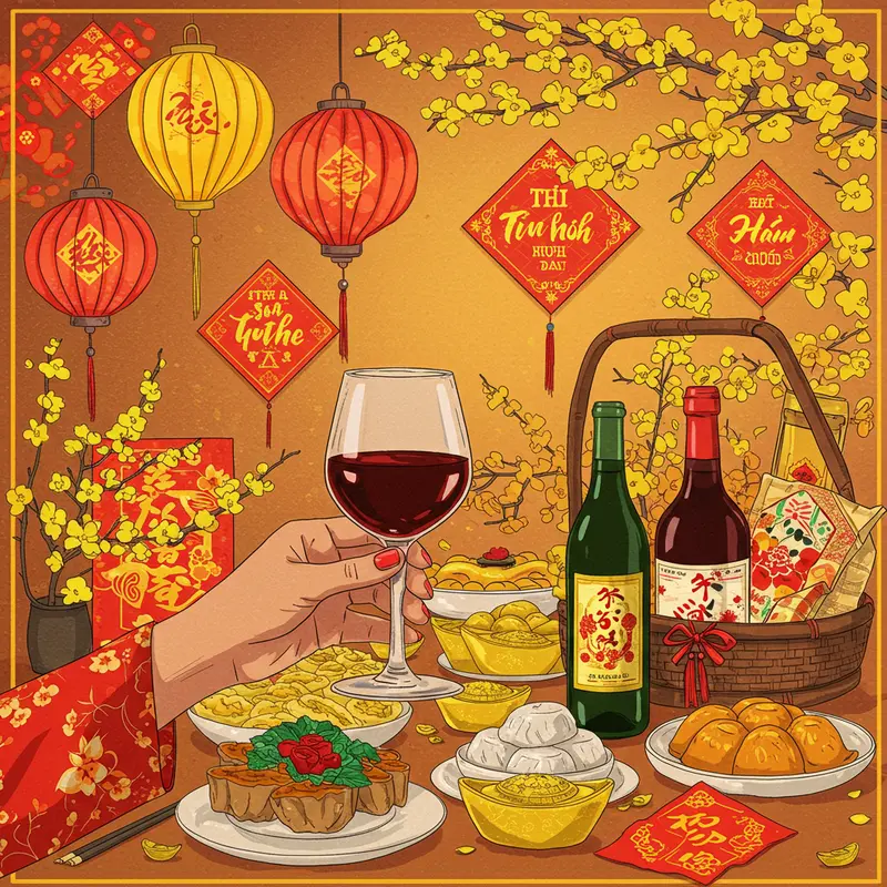 Không khí sum vầy với hộp quà Tết và rượu truyền thống bên gia đình Việt.