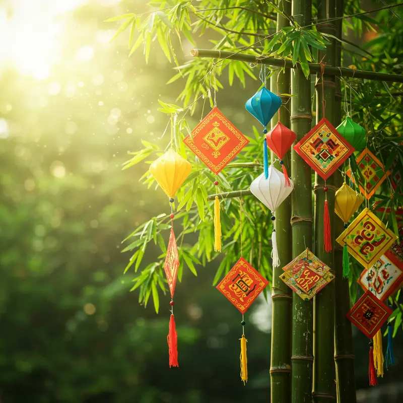 Cây nêu truyền thống dựng ở cổng làng dịp Tết.