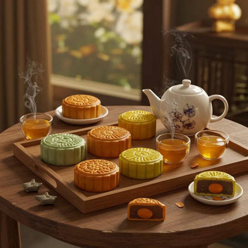 Bàn tiệc bánh Trung thu hiện đại đi cùng trà thơm nóng hổi.