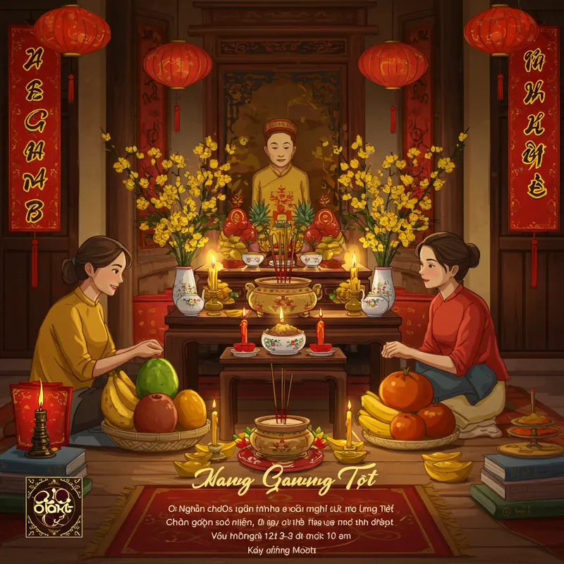 Gia đình quây quần bên bàn thờ truyền thống ngày Tết.