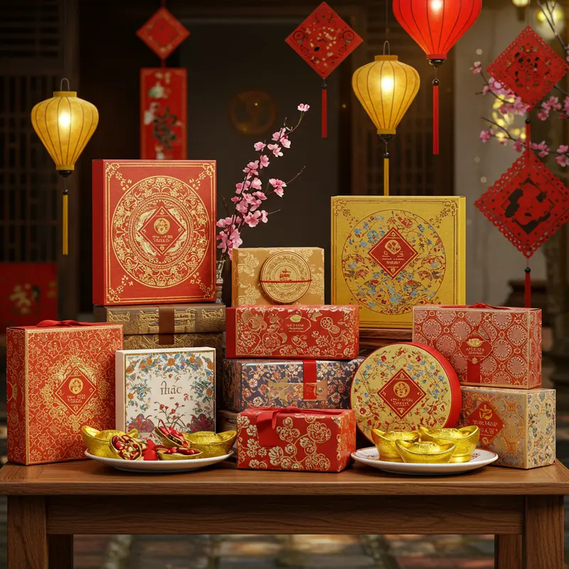 Hộp quà Tết mang đậm dấu ấn văn hóa và lời chúc tốt đẹp đầu năm.
