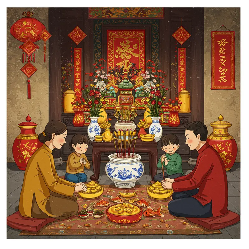 Mâm cúng và bàn thờ Ông Công Ông Táo trang trọng trong bếp Việt Nam.