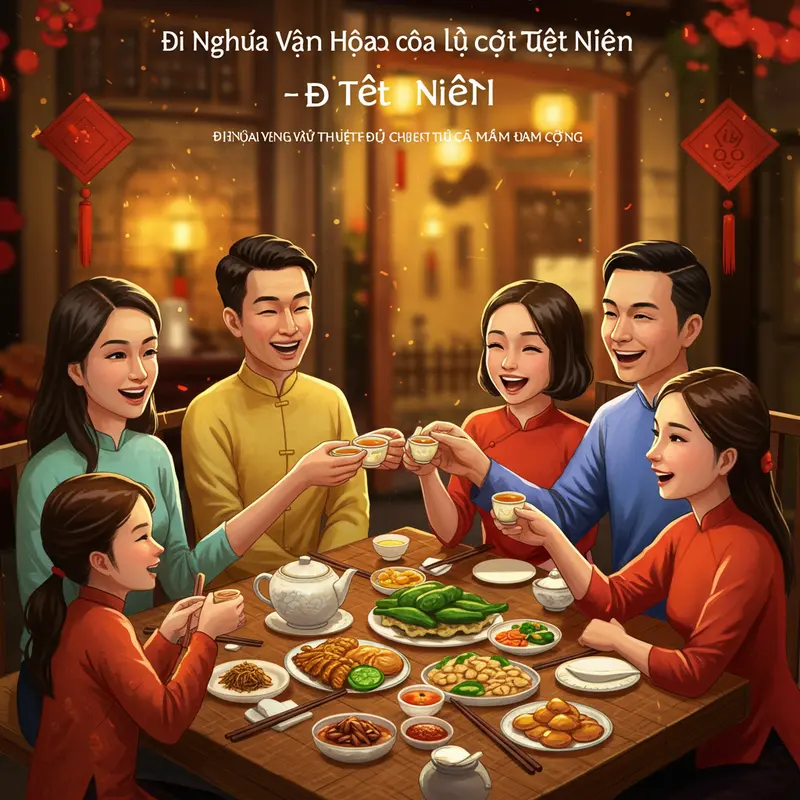 Gia đình nhiều thế hệ sum vầy chuẩn bị mâm cơm tất niên truyền thống.