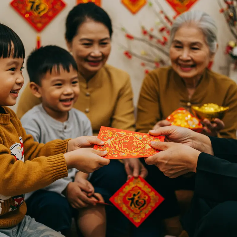 Gia đình Việt xưa trao lì xì trong ngôi nhà cổ truyền thống ngày Tết.