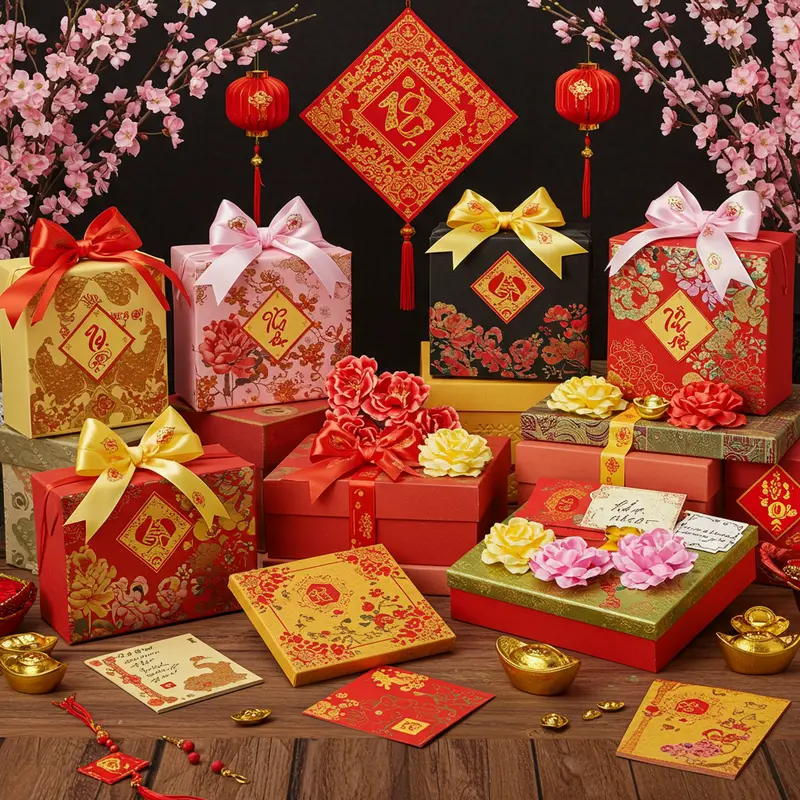 Các hộp quà Tết trang trí với nơ, ruy băng, thiệp và hoa lụa thể hiện ý nghĩa tri ân đặc biệt.