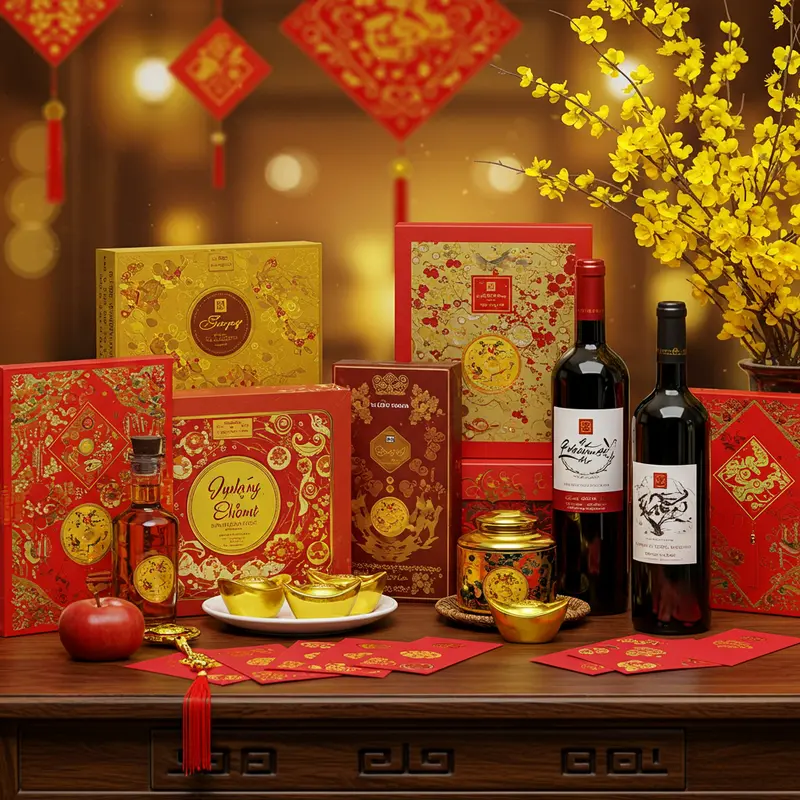 Hộp quà Tết đặt trên bàn gỗ, rượu vang và rượu truyền thống, hoa mai vàng, đèn lễ hội.