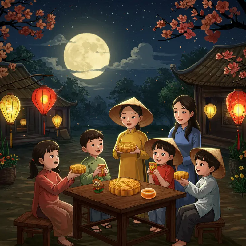 Gia đình quây quần dưới ánh trăng rằm Trung Thu với bánh và lồng đèn truyền thống