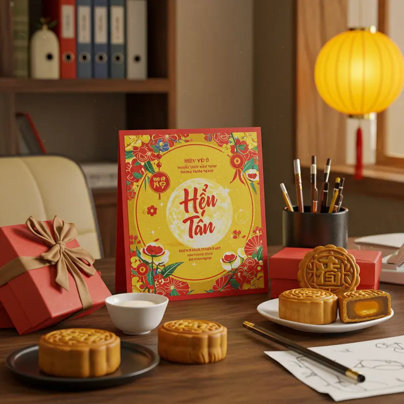 Thiệp Trung Thu sang trọng trên bàn làm việc, bên cạnh bánh Trung Thu và quà tặng.