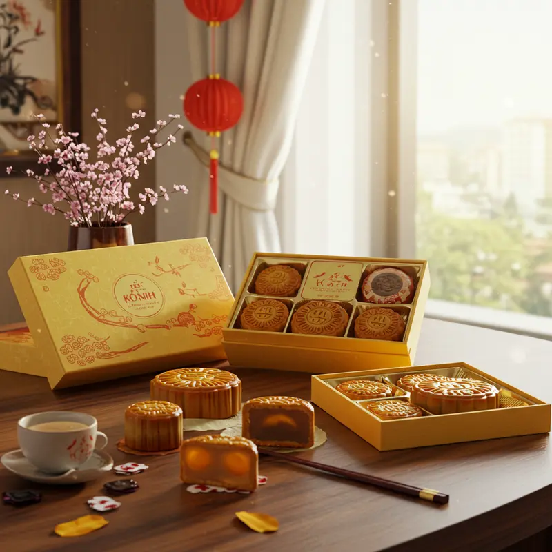 Bánh trung thu đẹp mắt trong hộp sang trọng tại văn phòng doanh nghiệp.