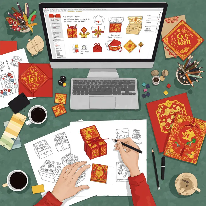 Nhà thiết kế sáng tạo mẫu hộp quà Tết với màu sắc và biểu tượng truyền thống.
