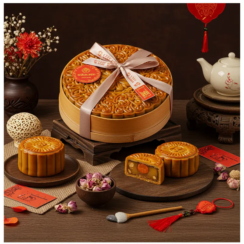 Hộp bánh Trung Thu lava được trang trí đẹp mắt với nơ lụa, hoa khô và chi tiết thủ công tinh xảo.