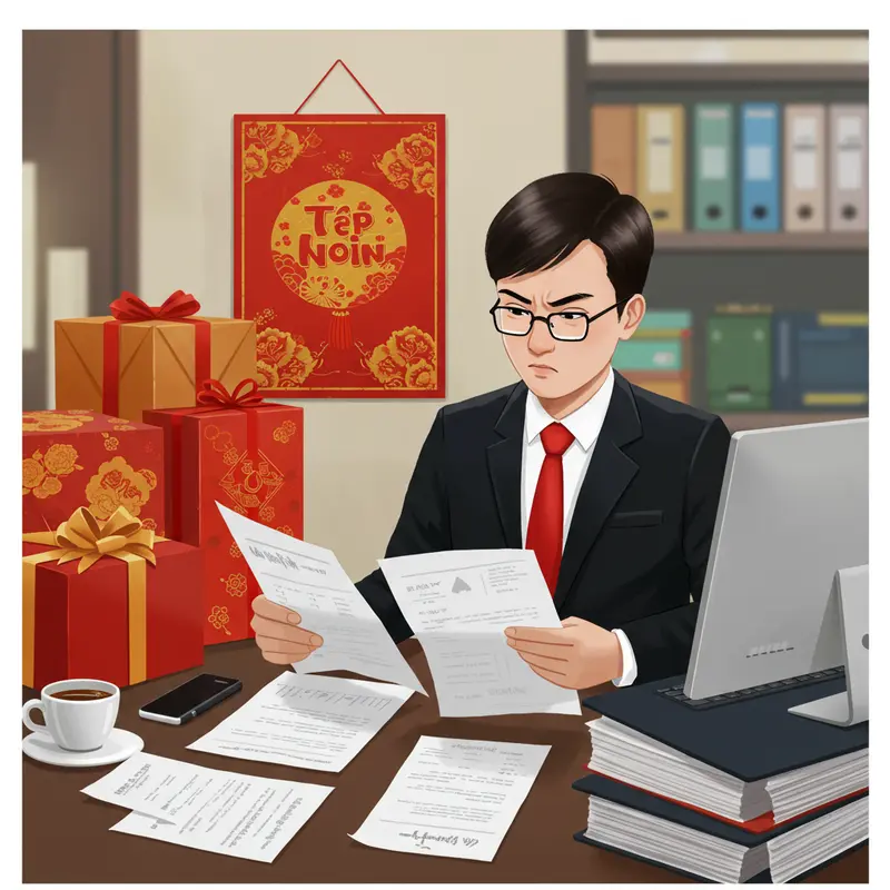 Hộp quà Tết doanh nghiệp với logo nổi bật và họa tiết truyền thống trên bàn làm việc.