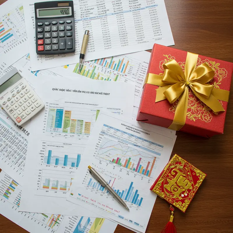 Doanh nghiệp trao quà Tết trong không gian làm việc với tài liệu thuế trên bàn.