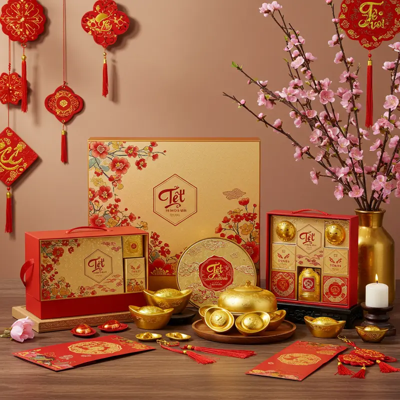 Bộ hộp quà Tết thiết kế tối giản với màu sắc truyền thống, họa tiết hiện đại và hoa đào.