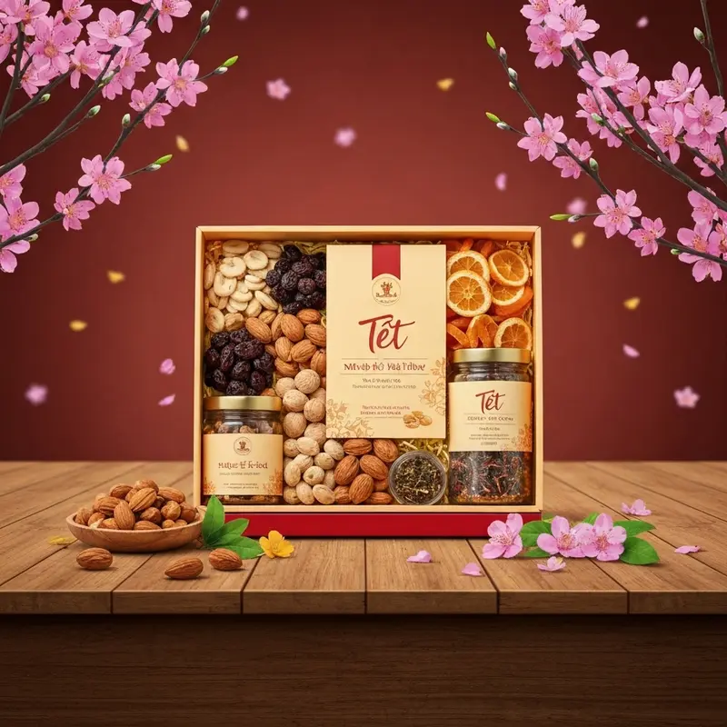 Hộp quà Tết healthy tinh tế giữa hoa xuân tươi sáng, chứa thực phẩm dinh dưỡng và lành mạnh.