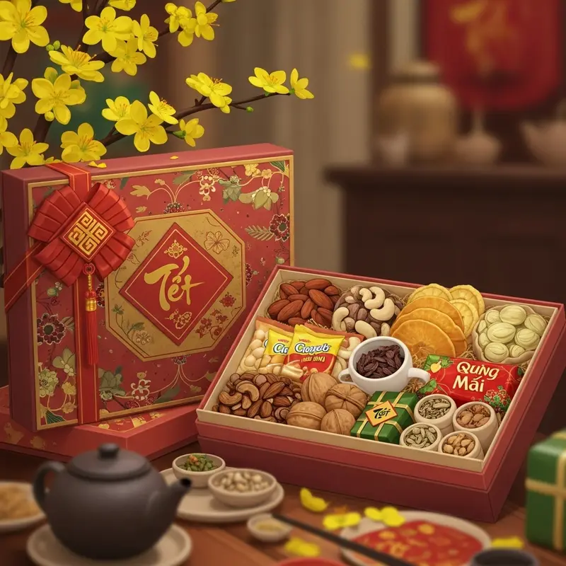 Hộp quà Tết healthy nổi bật giữa bàn tiệc sum vầy.