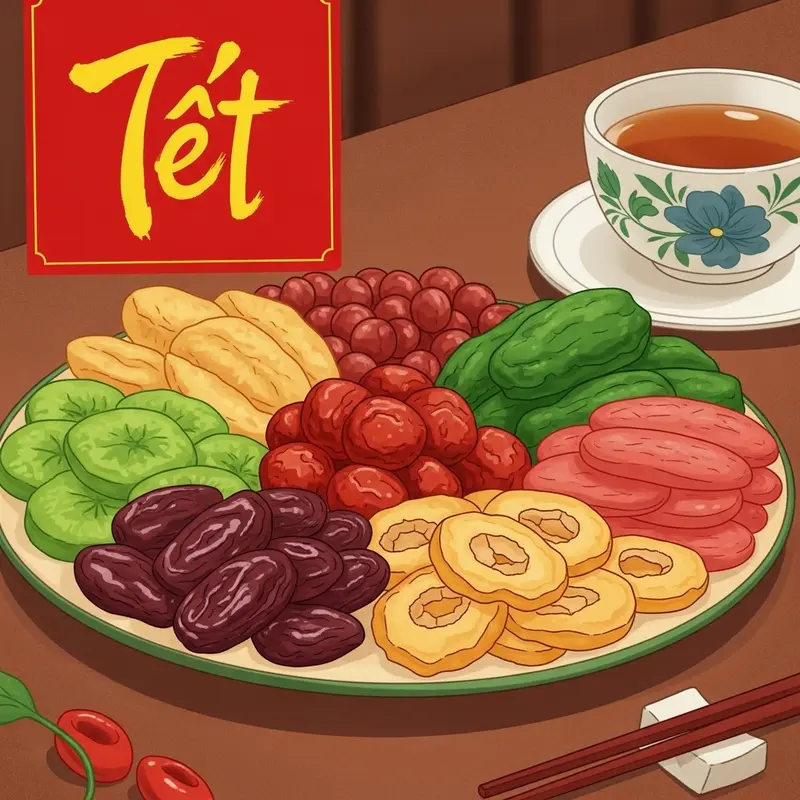 Bàn tiệc ngày Tết với đĩa trái cây sấy dẻo, khô hấp dẫn bên tách trà.