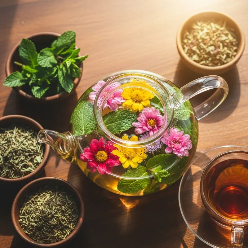 Ảnh trên cao của bàn trà thảo mộc gồm ấm trà thủy tinh, tách trà, các bát thảo mộc khô và lá bạc hà tươi.