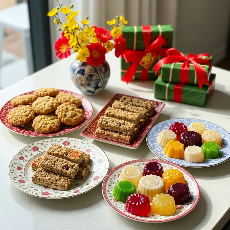 Mâm bánh kẹo healthy đa sắc vị, kết hợp hạt, trái cây sấy, bánh yến mạch cho ngày Tết.