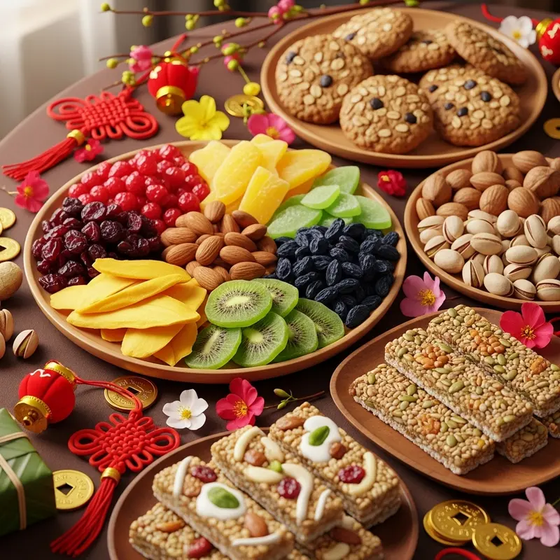 Mâm bánh kẹo healthy đa sắc vị, kết hợp hạt, trái cây sấy, bánh yến mạch cho ngày Tết.