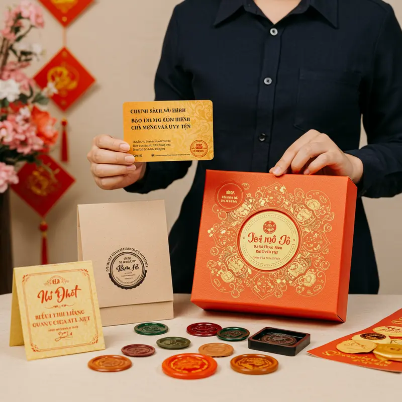 Nhân viên giao hàng xử lý quà Tết doanh nghiệp an toàn, chuyên nghiệp với không gian văn phòng hiện đại, không khí lễ hội.