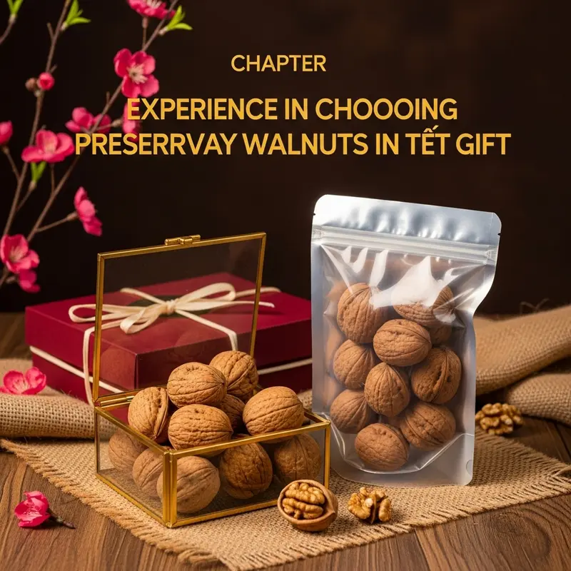 Hình ảnh hộp quà Tết cao cấp với hạt óc chó là điểm nhấn nổi bật.